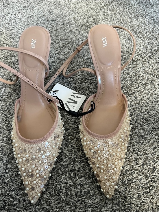 Zara Blush Sequin & Pearl Pointed Slingback Heels